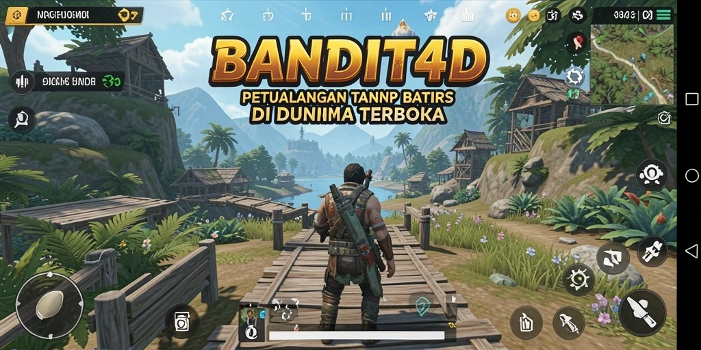 Screenshot gameplay BANDIT4D yang menunjukkan eksplorasi dunia yang luas.