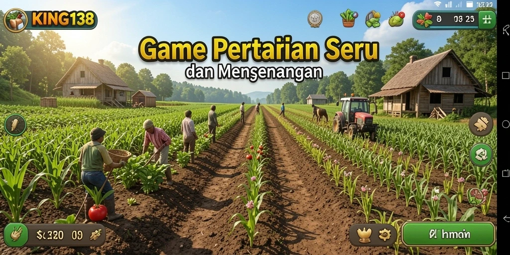 Tampilan gameplay KING138 menampilkan kebun hijau yang subur dan aktivitas bercocok tanam.