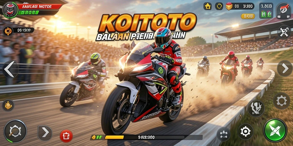 Screenshot gameplay KOITOTO menampilkan balapan motor yang mendebarkan.
