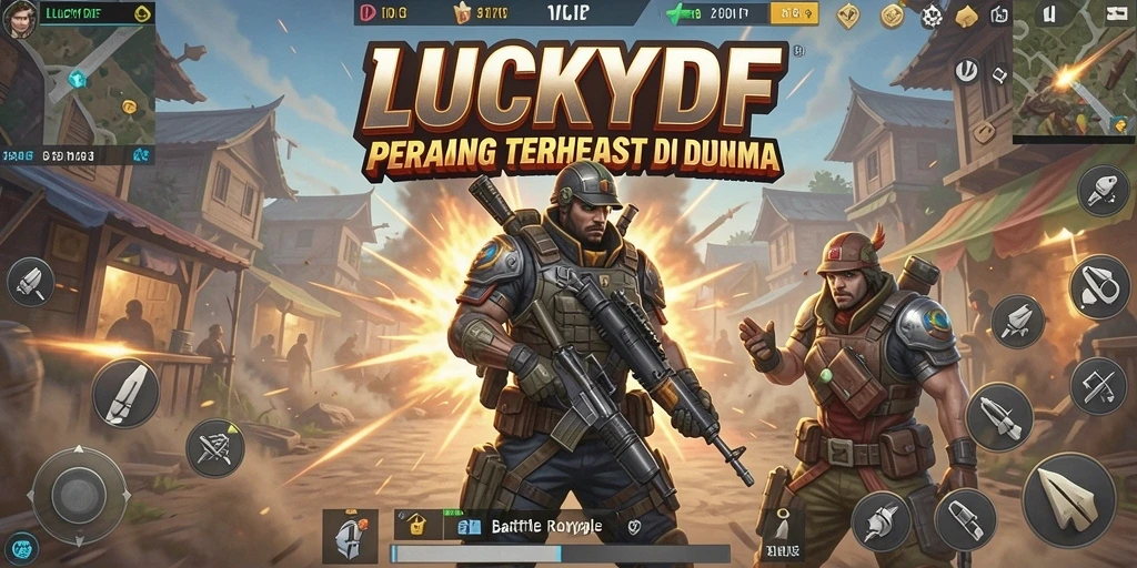 Screenshot gameplay LUCKYDF menampilkan pertarungan mendebarkan di arena Battle Royale.