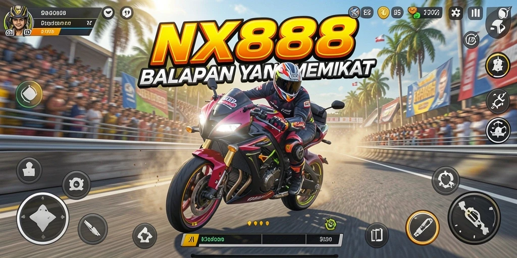 Screenshot gameplay NX888 yang menampilkan balapan motor yang seru.