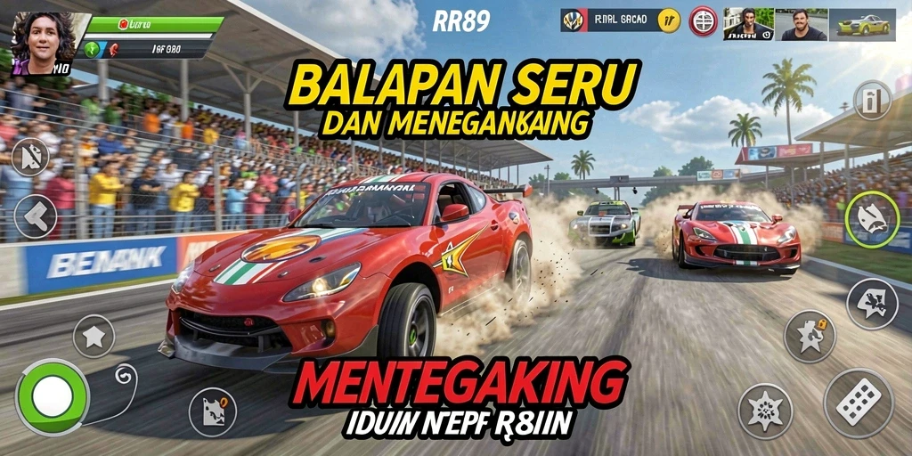 Screenshot utama RR89 menampilkan aksi balapan yang seru dan menegangkan.