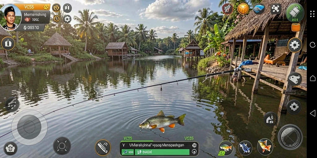 Screenshot utama VC55 menampilkan pemain yang sedang memancing dengan pemandangan yang indah.